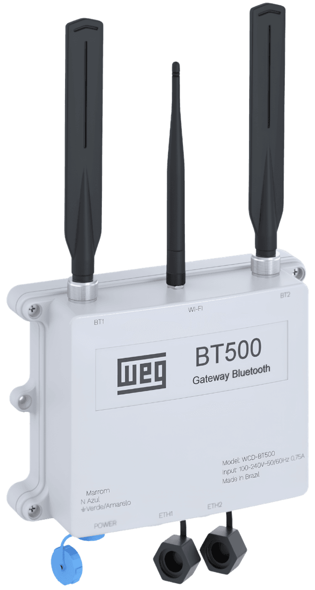 Gateway Bluetooth WEG WCD-BT500, caixa industrial com duas antenas Bluetooth e uma antena Wi-Fi.