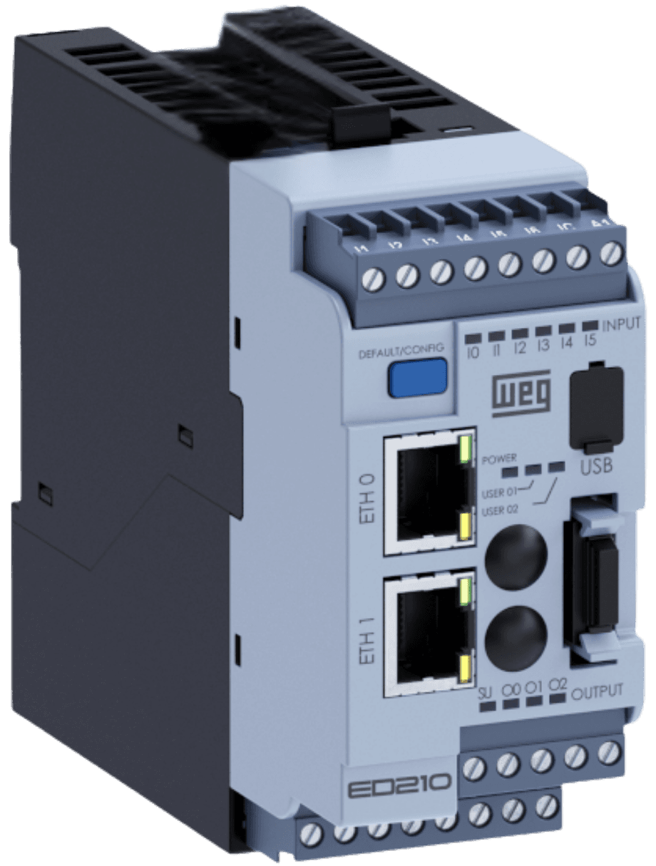 Gateway Bluetooth compacto WEG WCD-ED210, com portas Ethernet e bornes de entrada e saída.