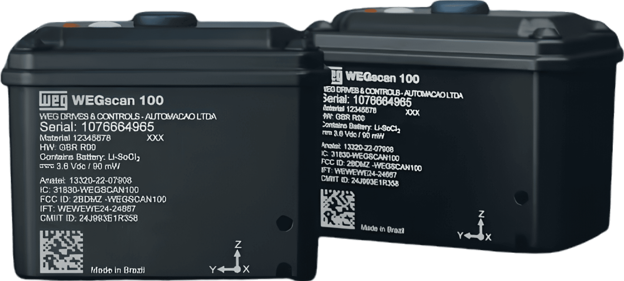 Sensor sem fio WEGscan 100 de vibração e temperatura, instalado na carcaça de um motor elétrico.