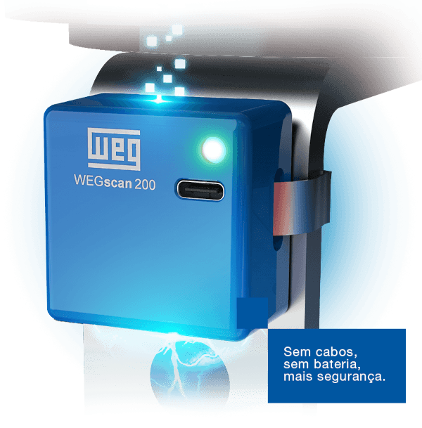 Sensor WEGscan 200 de temperatura e corrente fixado em barramento de painel elétrico.