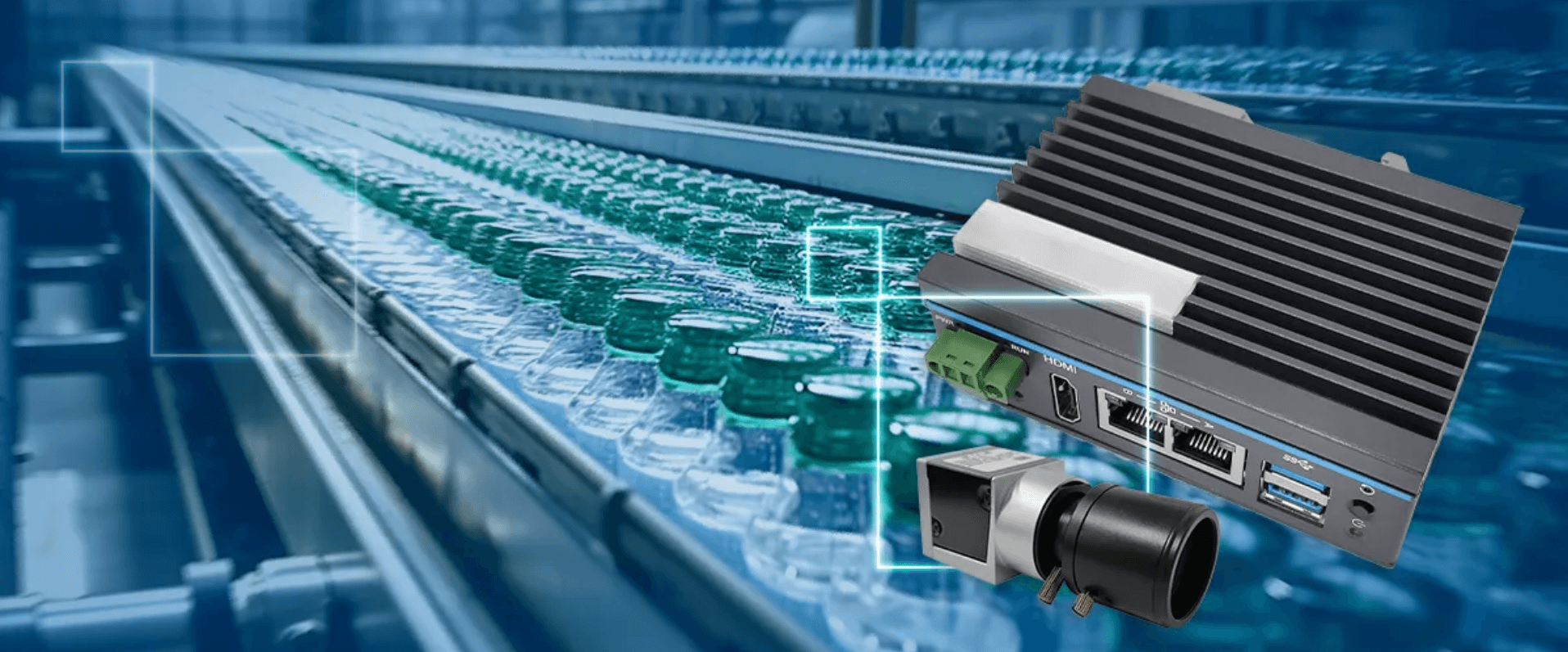 Linha de produção inspecionada por câmera de visão computacional e controlador industrial