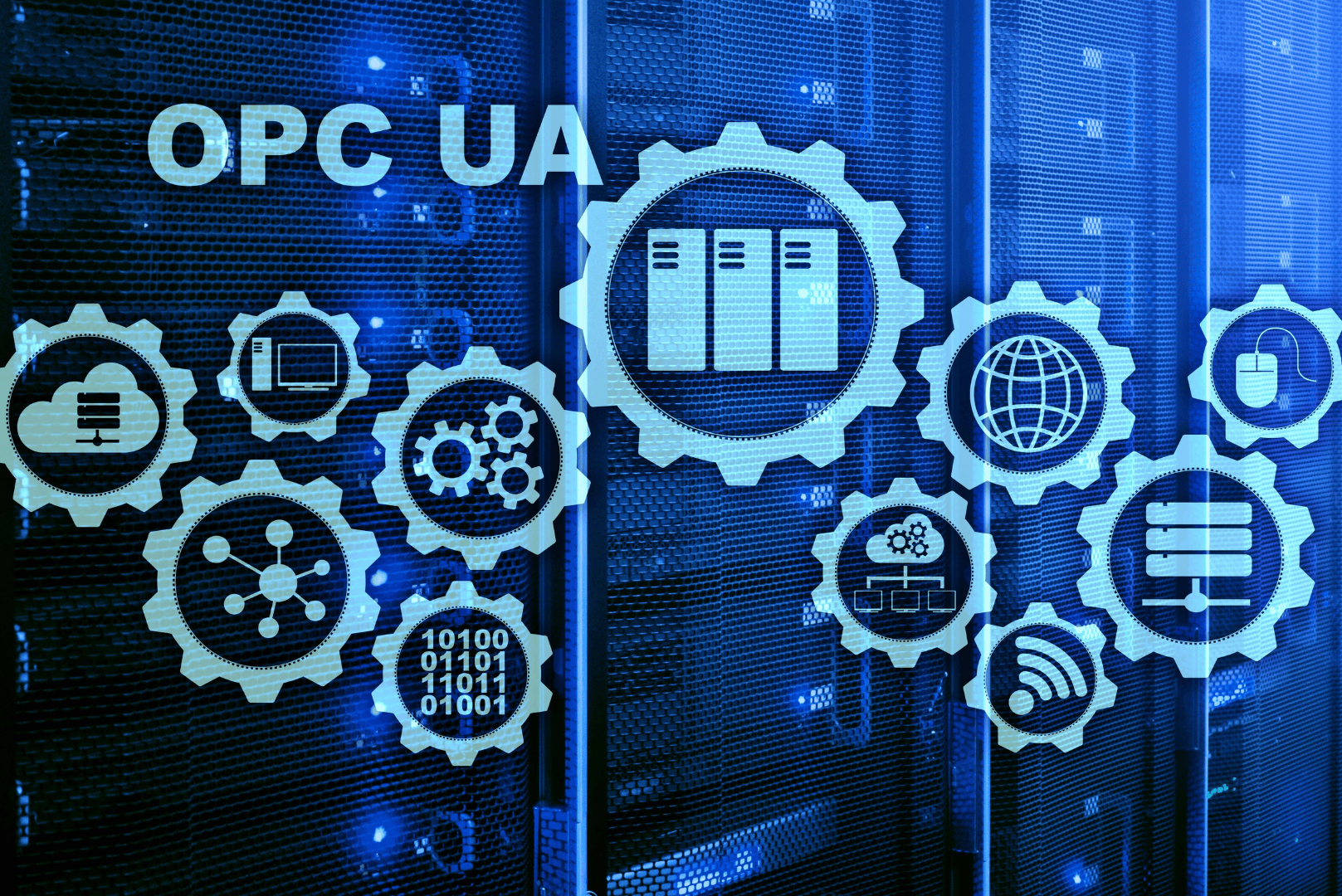 Engrenagens com ícones de servidor, rede e nuvem sobre a sigla OPC UA, diante de racks de servidores