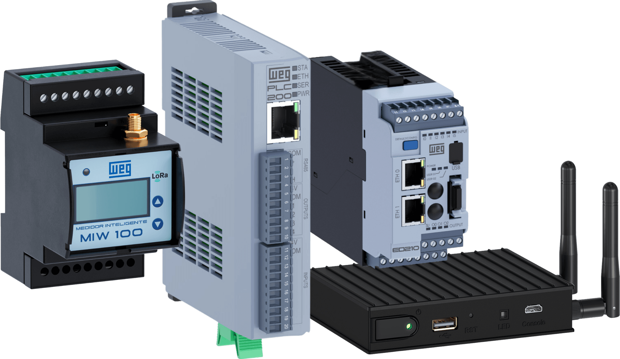 Gateway de conectividade WEG PLC 200 em trilho DIN, que leva o dado da máquina à rede.