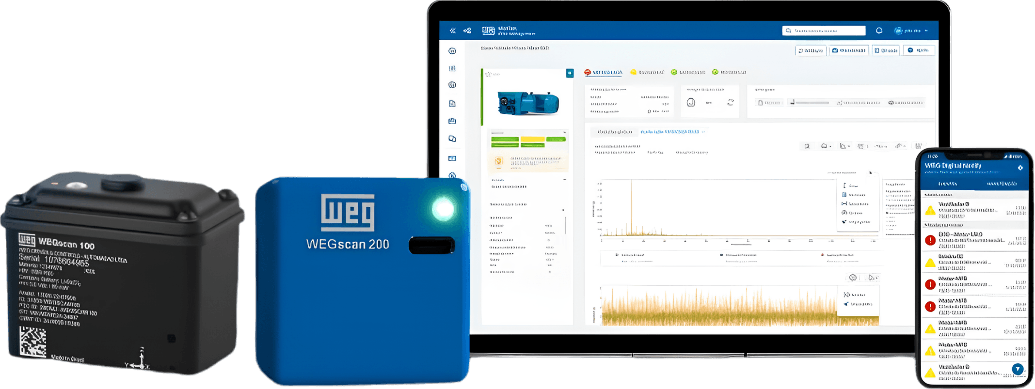 Sensores WEGscan e o painel de gestão de frota de ativos, no computador e no celular.