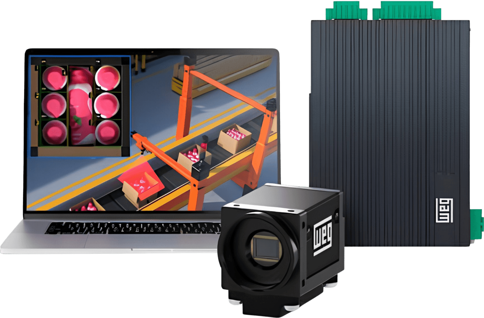 Sistema de visão computacional projetado pela ELVEX operando em linha de produção industrial.
